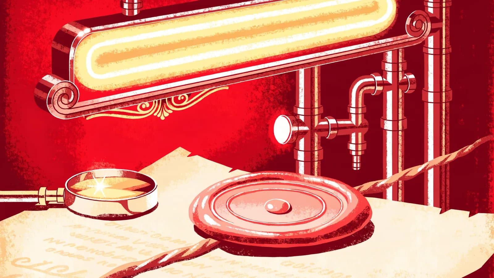 Illustration: Großes Siegel mit Band auf einer Urkunde vor einem Retro-Casino-Schild