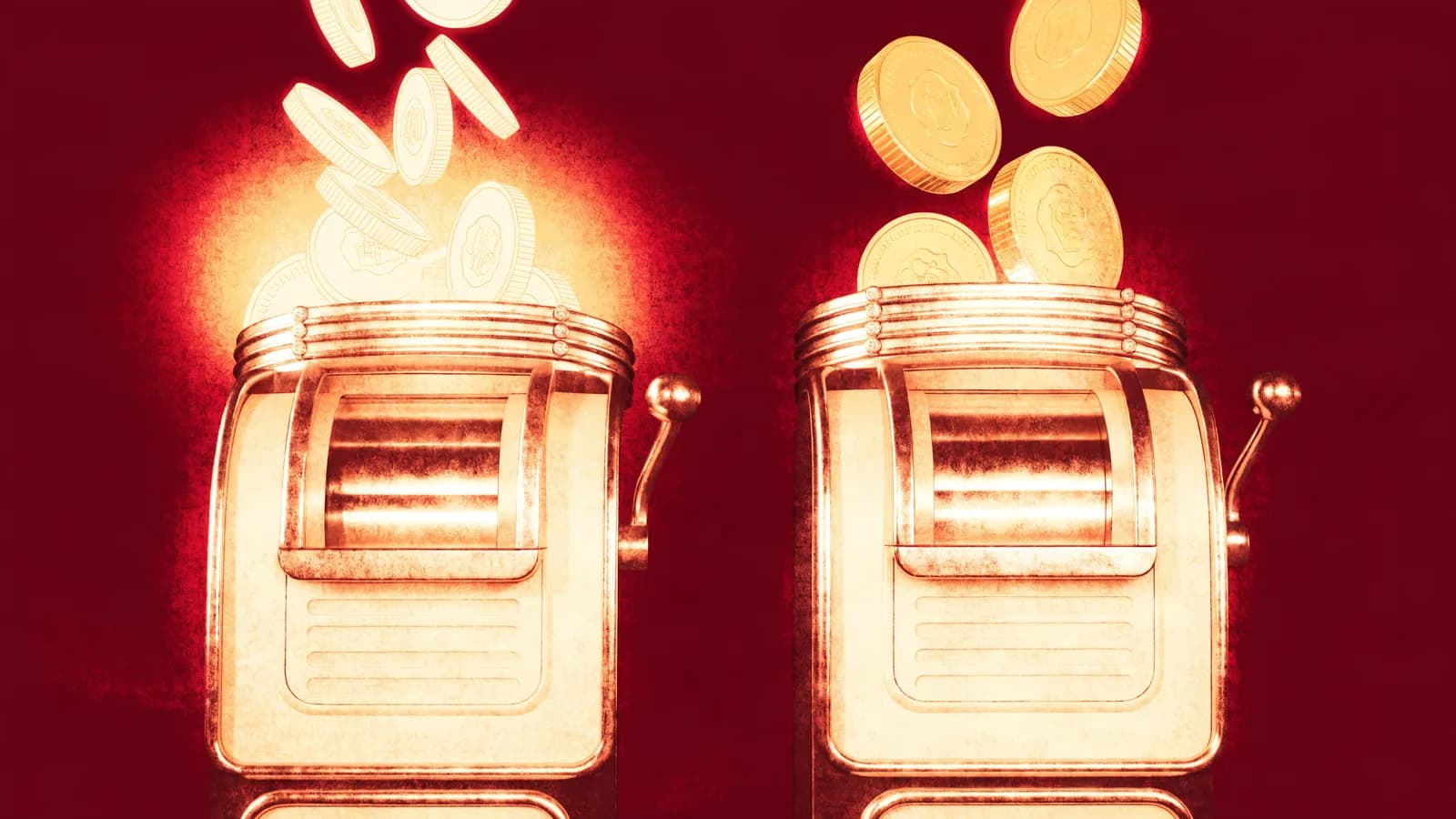 Illustration: Zwei Retro-Spielautomaten nebeneinander, links mit durchsichtigen Spielgeld-Münzen, rechts mit echten Goldmünzen
