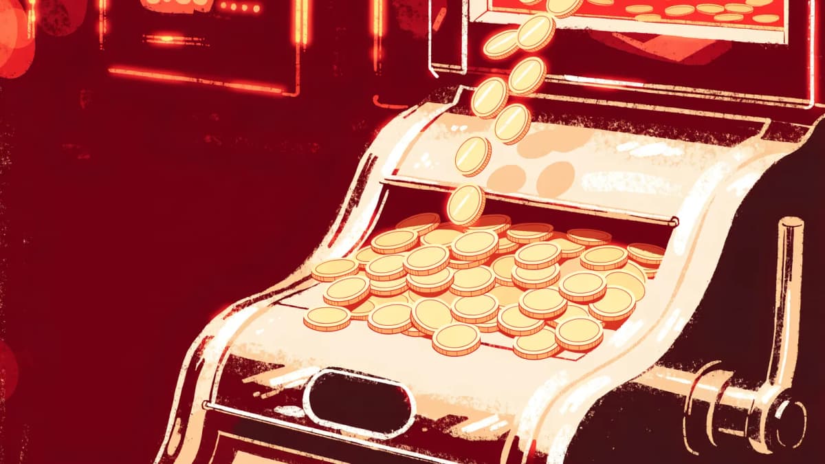 Illustration: Auszahlungsschale eines Retro-Spielautomaten voller Goldmünzen, ein Teil fließt zurück in den Automaten