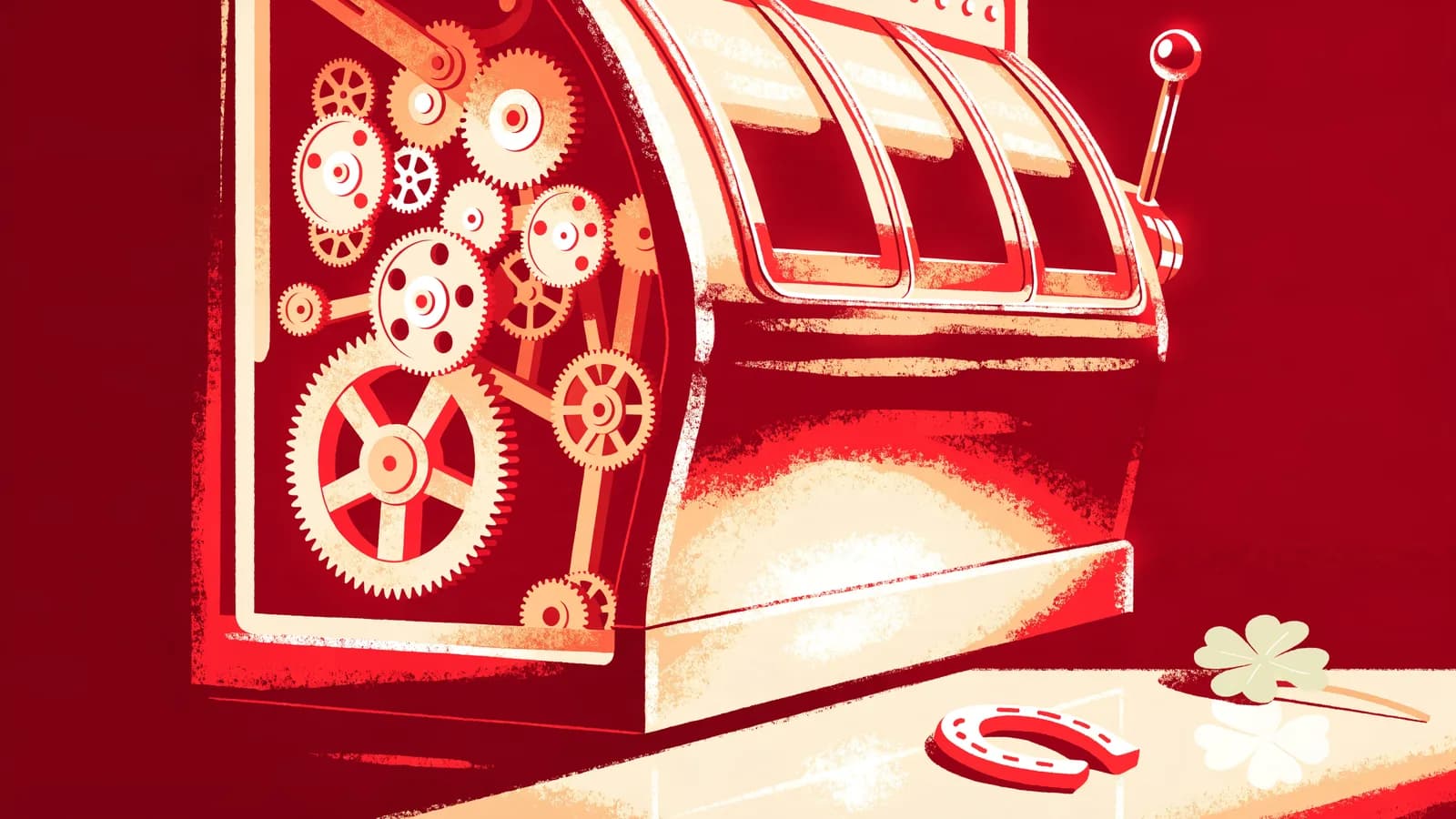 Illustration: Hufeisen und Kleeblatt liegen vor einem geöffneten Spielautomaten mit präzisem Uhrwerk