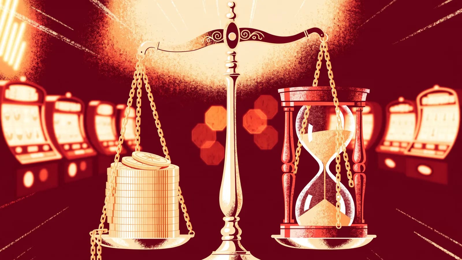 Illustration: Waage wiegt einen Stapel Bonusmünzen gegen eine große Sanduhr auf