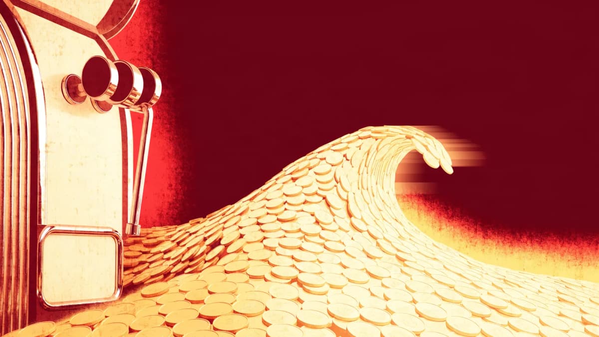Illustration: Goldmünzen als Welle mit hohen Spitzen und tiefen Tälern vor einem Retro-Spielautomaten