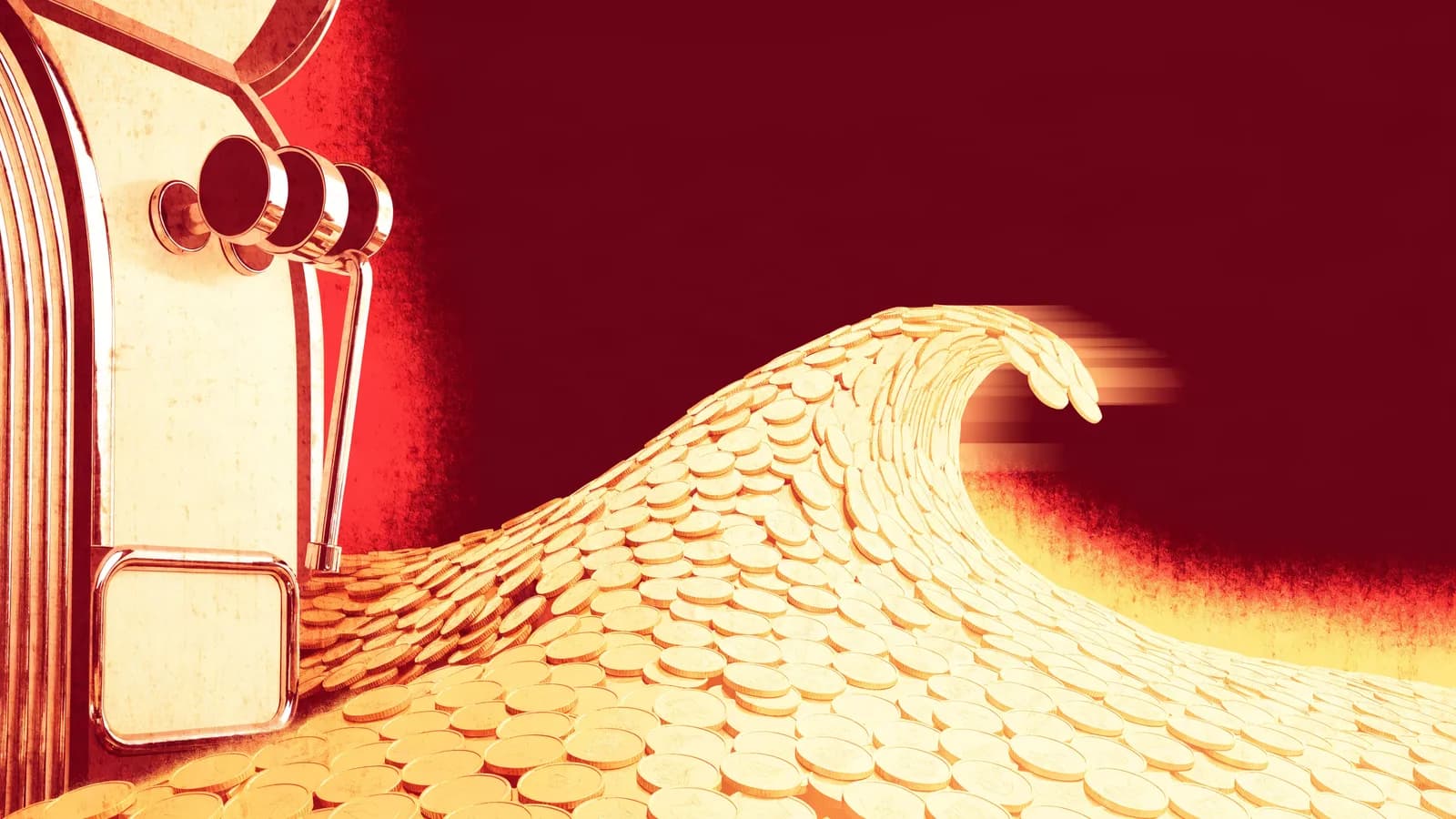 Illustration: Goldmünzen als Welle mit hohen Spitzen und tiefen Tälern vor einem Retro-Spielautomaten